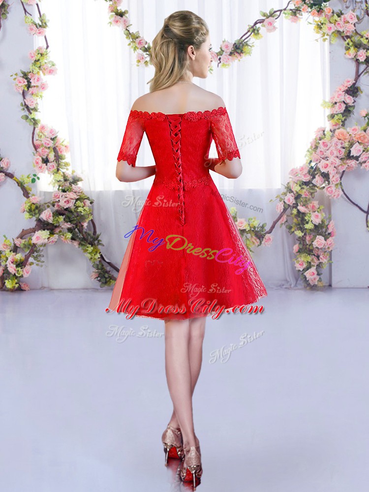 Noble Red Half Sleeves Lace Mini Length Bridesmaid Dress