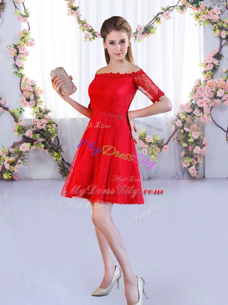 Noble Red Half Sleeves Lace Mini Length Bridesmaid Dress