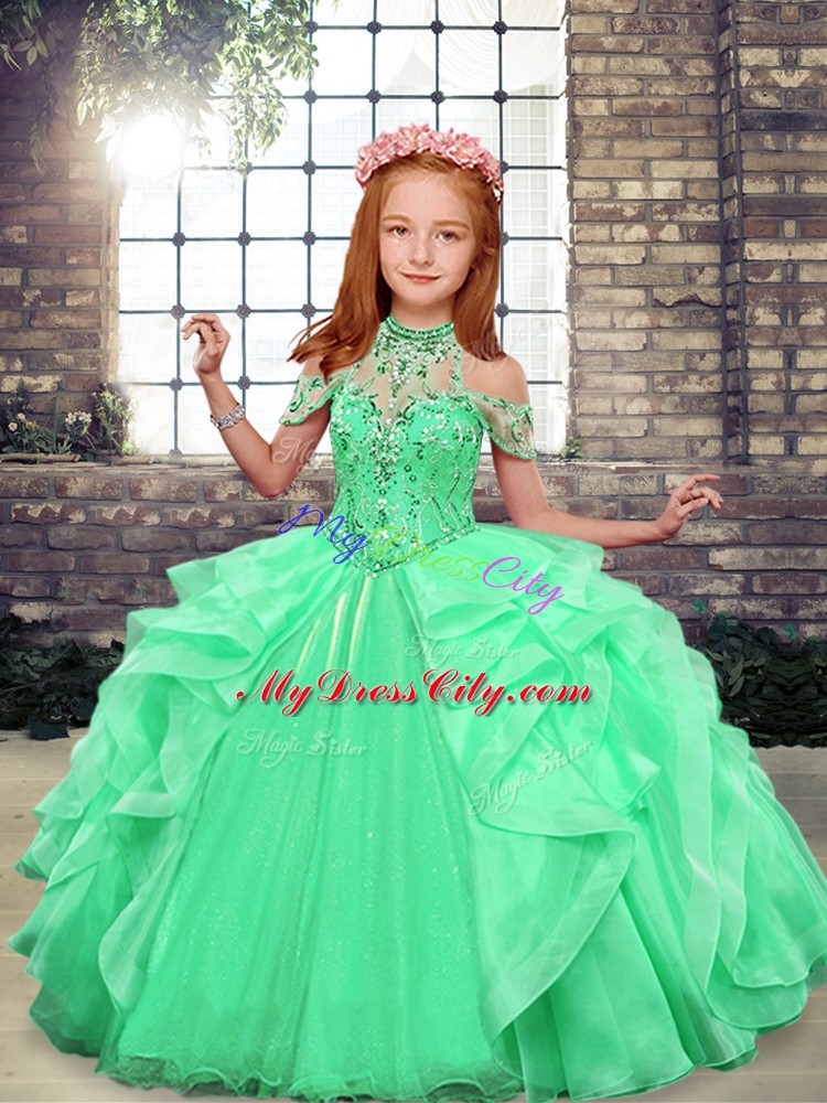 Classical Sleeveless Organza Floor Length Lace Up Little Girls Pageant Gowns in Apple Green with Beading and Ruffles