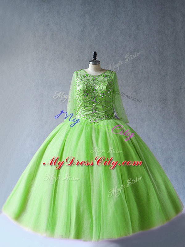 Custom Designed Green Long Sleeves Tulle Lace Up 15 Quinceanera Dress for Sweet 16 and Quinceanera