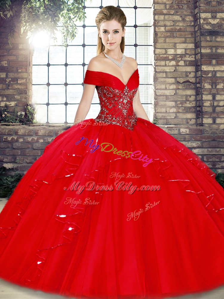 Red Lace Up Sweet 16 Quinceanera Dress Beading and Ruffles Sleeveless Floor Length