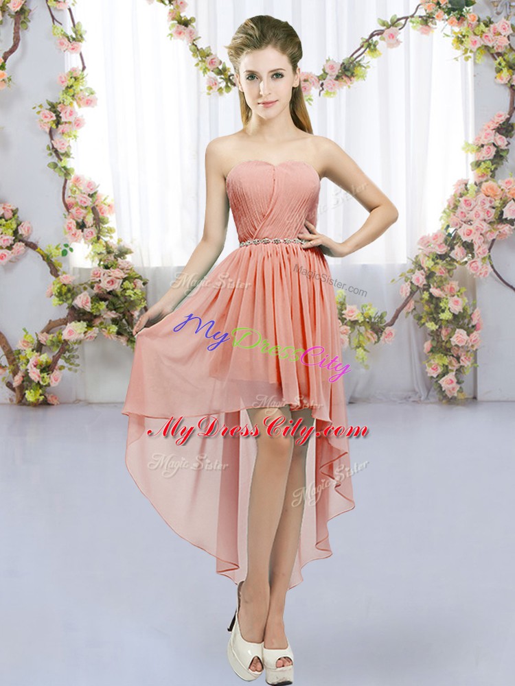 Noble Peach Sleeveless Beading High Low Wedding Party Dress