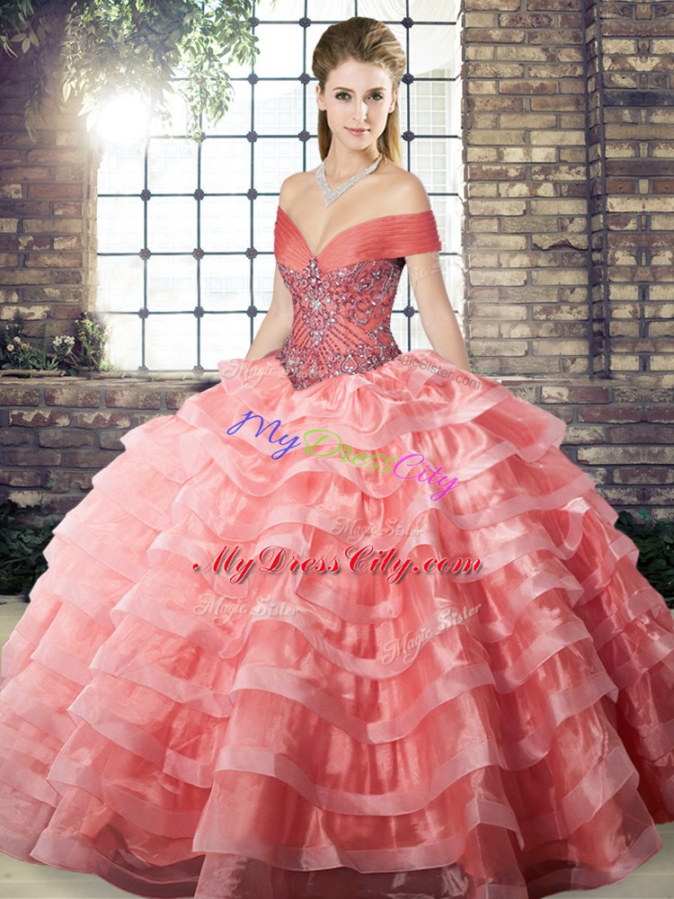 Custom Made Watermelon Red Sleeveless Brush Train Beading and Ruffled Layers Sweet 16 Dress