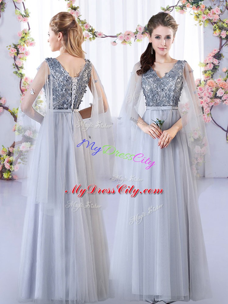 Customized Sleeveless Tulle Floor Length Lace Up Bridesmaid Dresses in Grey with Appliques