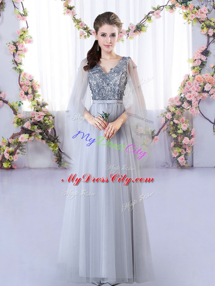 Customized Sleeveless Tulle Floor Length Lace Up Bridesmaid Dresses in Grey with Appliques