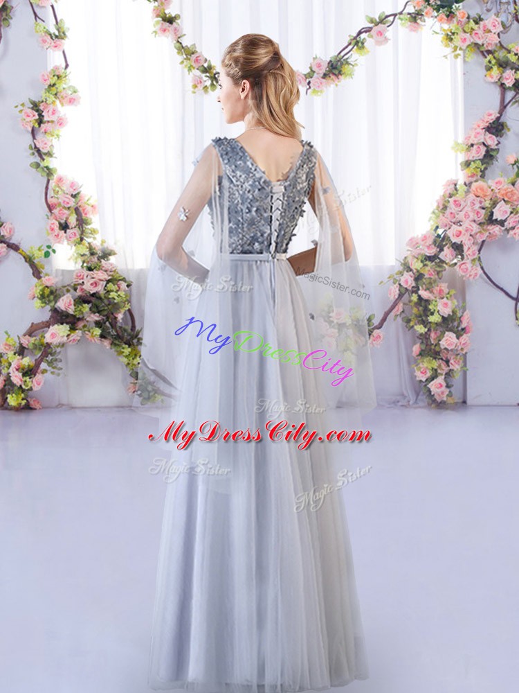 Customized Sleeveless Tulle Floor Length Lace Up Bridesmaid Dresses in Grey with Appliques