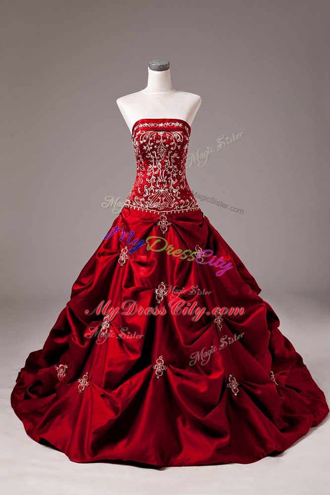 Custom Design Wine Red Bridal Gown Strapless Sleeveless Brush Train Lace Up