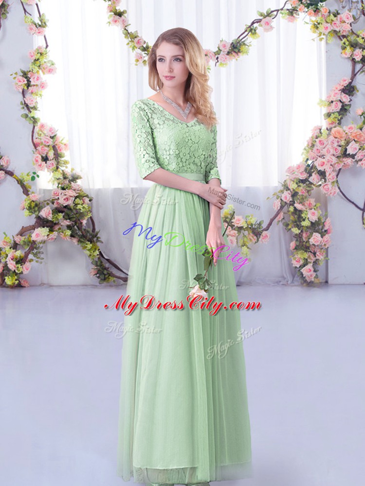 Apple Green Empire V-neck Half Sleeves Tulle Floor Length Side Zipper Lace and Belt Bridesmaid Dresses