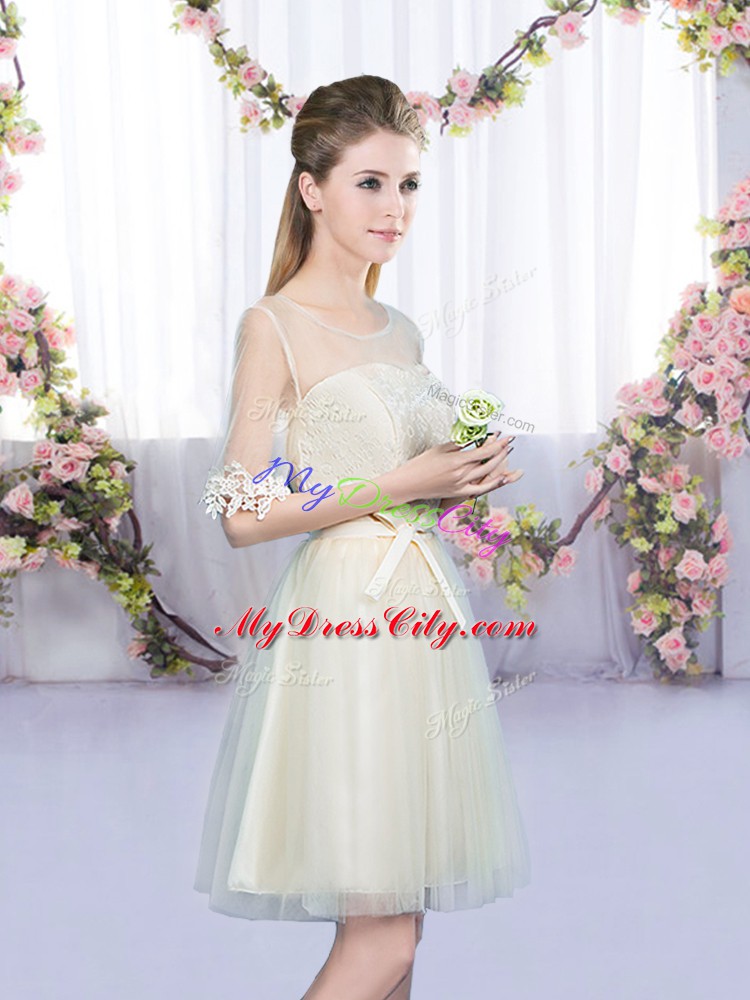 Trendy Champagne Tulle Lace Up Wedding Guest Dresses Half Sleeves Mini Length Lace and Bowknot