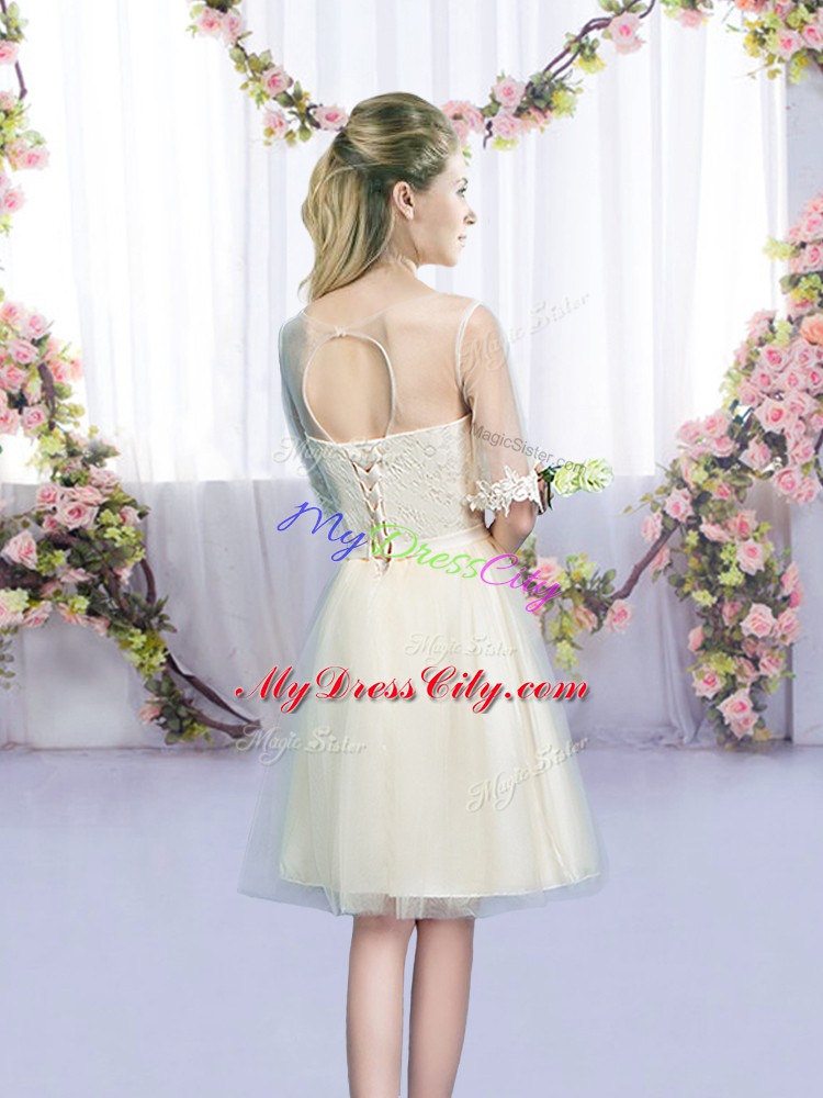 Trendy Champagne Tulle Lace Up Wedding Guest Dresses Half Sleeves Mini Length Lace and Bowknot