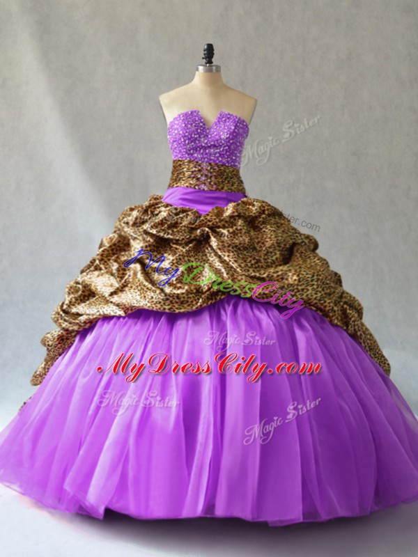 Organza and Printed V-neck Sleeveless Lace Up Beading and Pick Ups Quinceanera Dress in Lavender