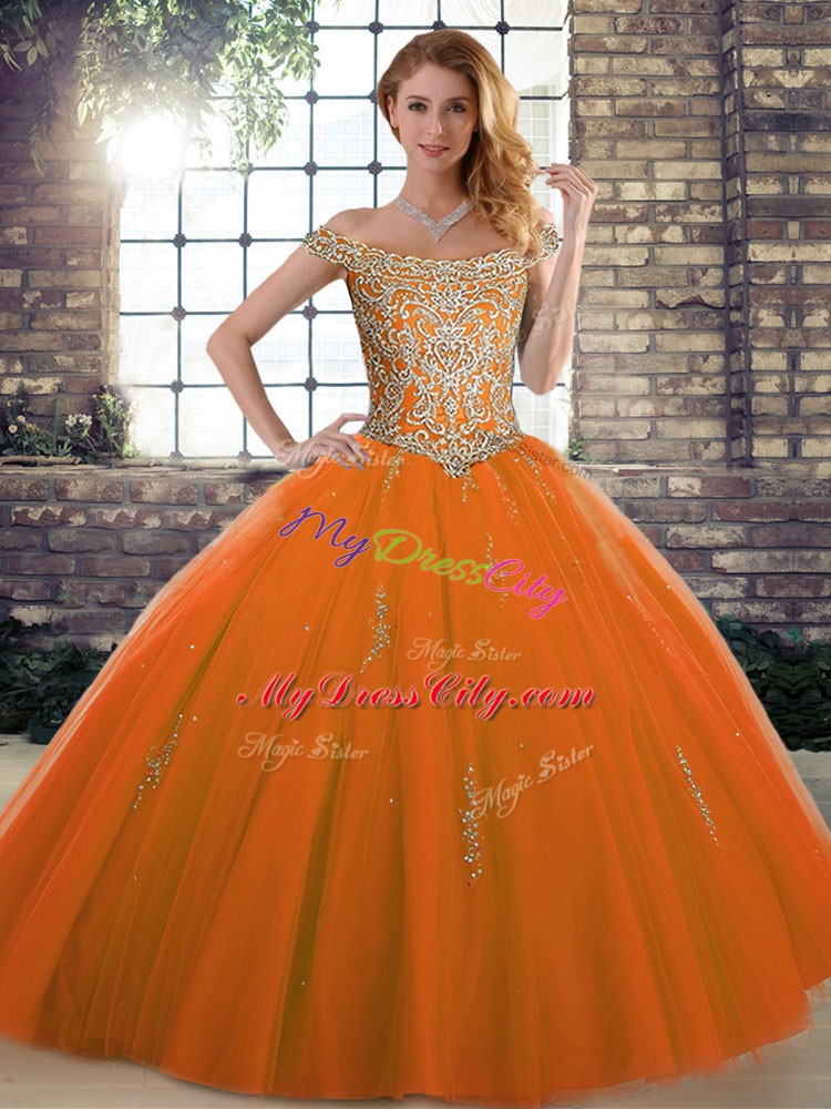 Fantastic Beading Quinceanera Gown Orange Red Lace Up Sleeveless Floor Length