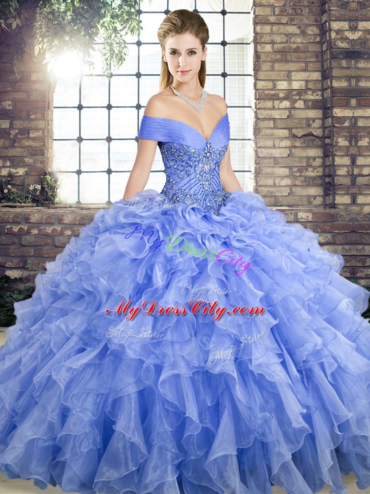 Charming Lavender Ball Gowns Organza Off The Shoulder Sleeveless Beading and Ruffles Lace Up Quinceanera Dresses Brush Train