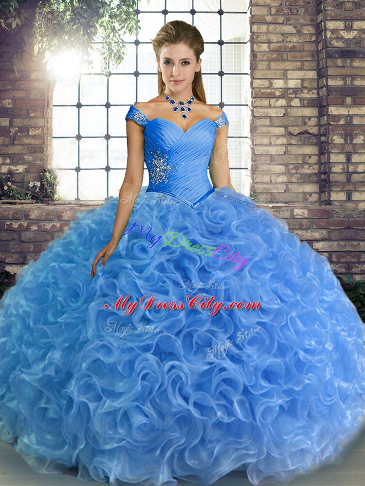 Unique Ball Gowns Sweet 16 Dress Baby Blue Off The Shoulder Fabric With Rolling Flowers Sleeveless Floor Length Lace Up