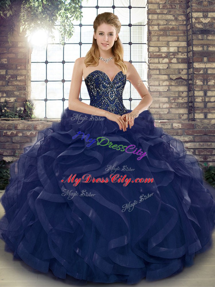 Navy Blue Sleeveless Floor Length Beading and Ruffles Lace Up Quince Ball Gowns