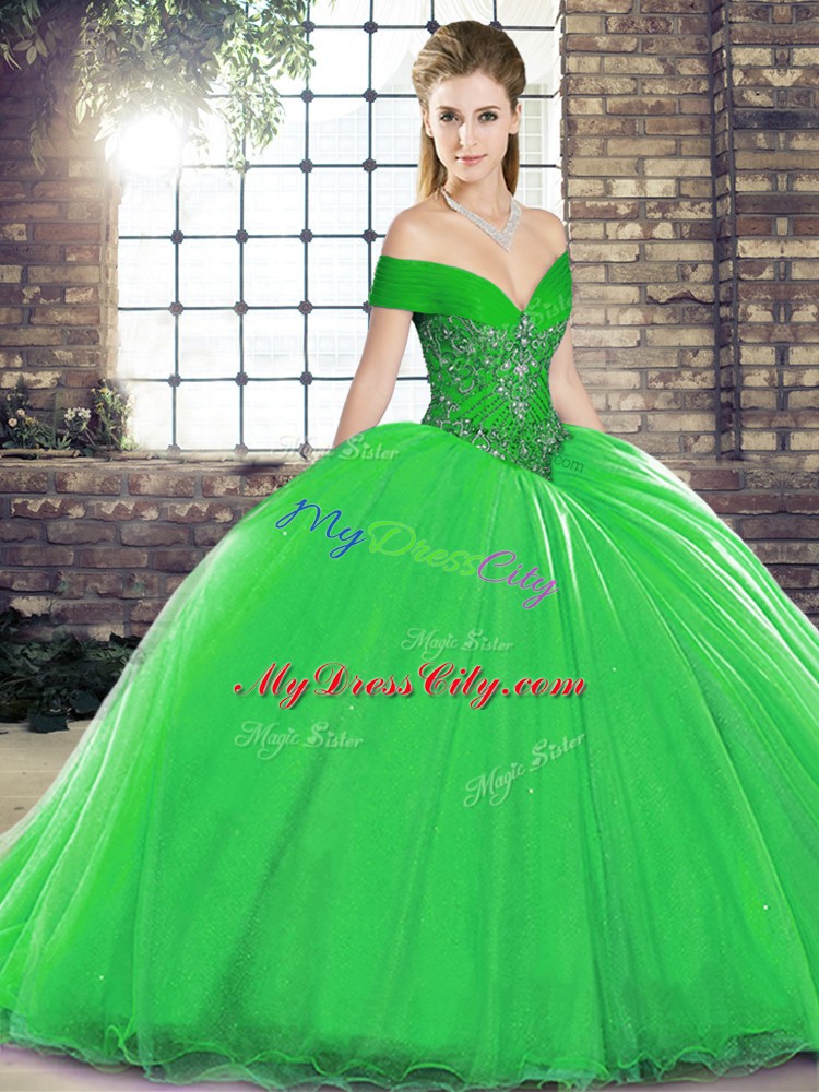 Green 15 Quinceanera Dress Military Ball and Sweet 16 and Quinceanera with Beading Off The Shoulder Sleeveless Brush Train Lace Up