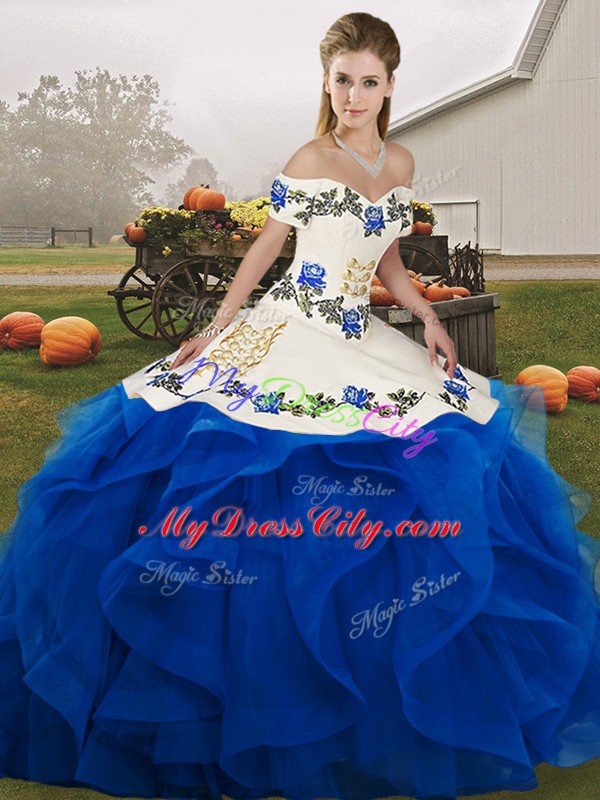 Royal Blue Lace Up Off The Shoulder Embroidery and Ruffles 15th Birthday Dress Tulle Sleeveless