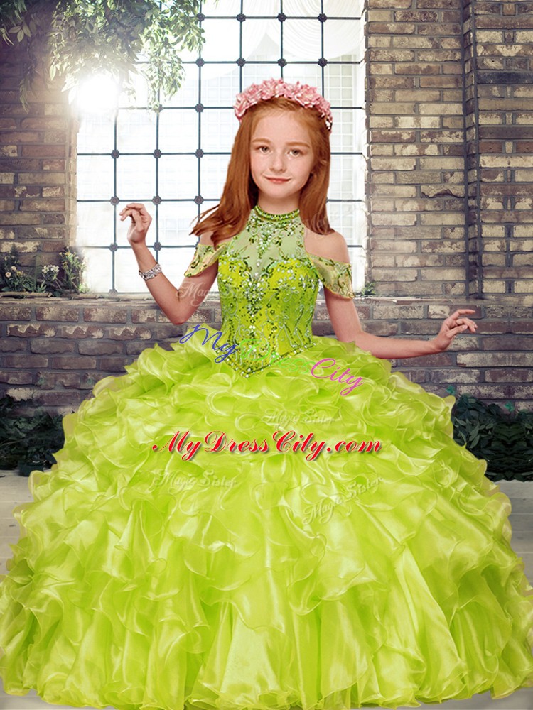 Sleeveless Organza Floor Length Lace Up Little Girl Pageant Gowns in Yellow Green with Beading and Ruffles