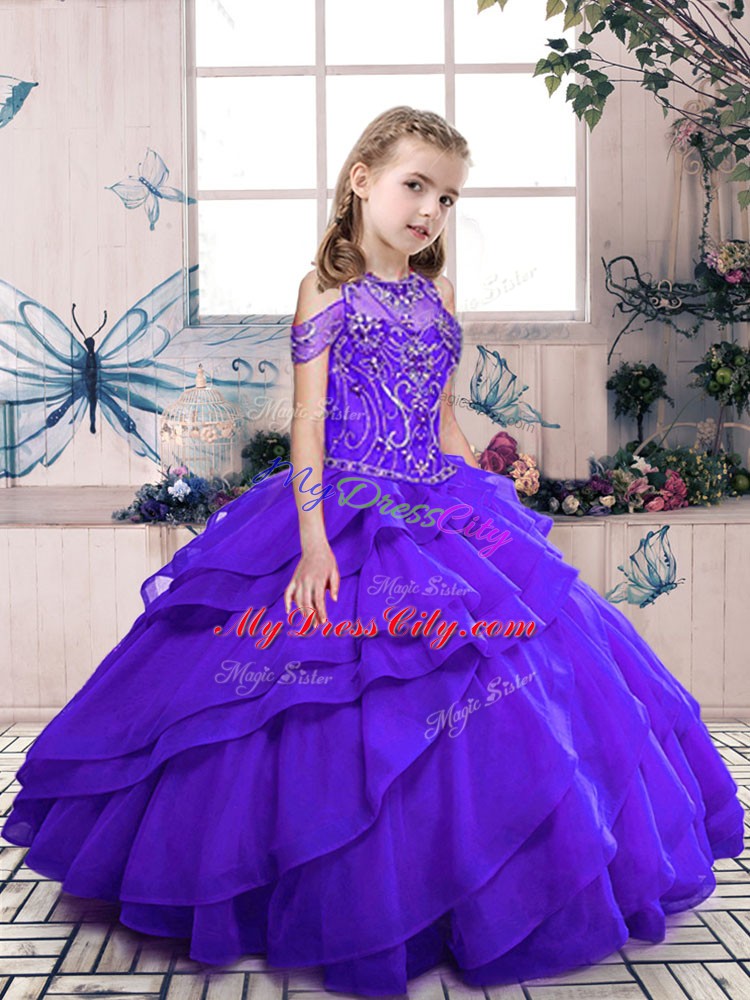 Floor Length Purple Winning Pageant Gowns Scoop Sleeveless Lace Up