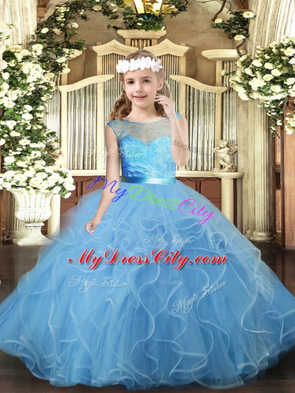 Ball Gowns Girls Pageant Dresses Baby Blue Scoop Tulle Sleeveless Floor Length Backless