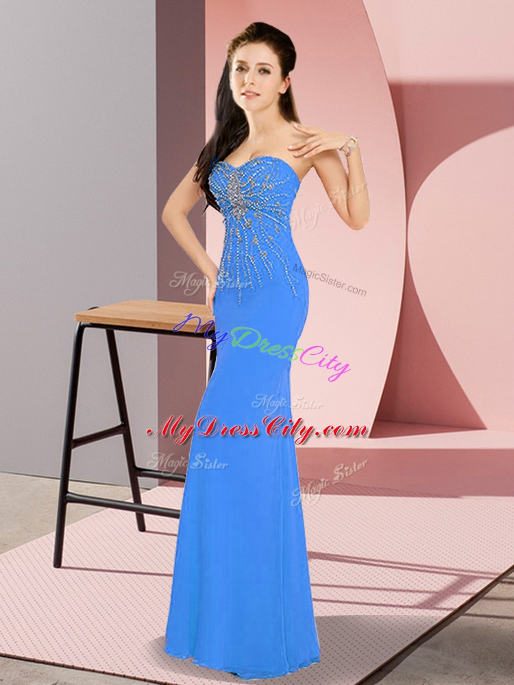 Affordable Sleeveless Chiffon Floor Length Zipper Evening Outfits in Blue with Beading