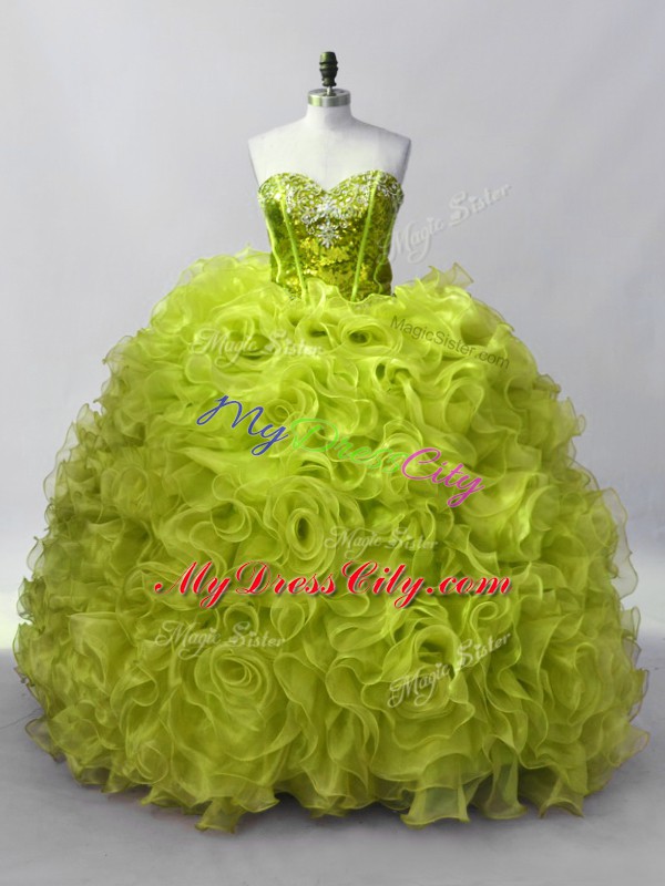 Fashion Organza Sweetheart Sleeveless Lace Up Ruffles and Sequins Quince Ball Gowns in Yellow Green