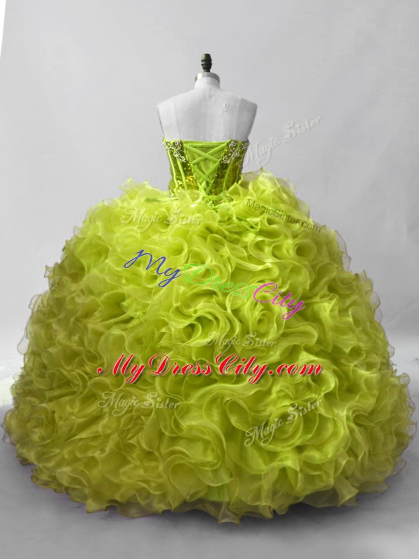 Fashion Organza Sweetheart Sleeveless Lace Up Ruffles and Sequins Quince Ball Gowns in Yellow Green