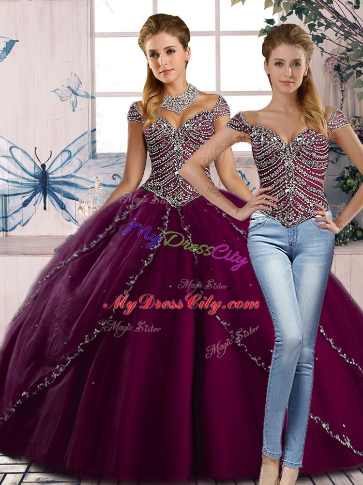 Cap Sleeves Brush Train Lace Up Beading Quinceanera Dresses