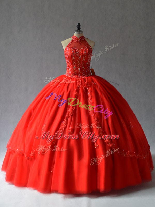 Romantic Red Lace Up Vestidos de Quinceanera Appliques Sleeveless Floor Length