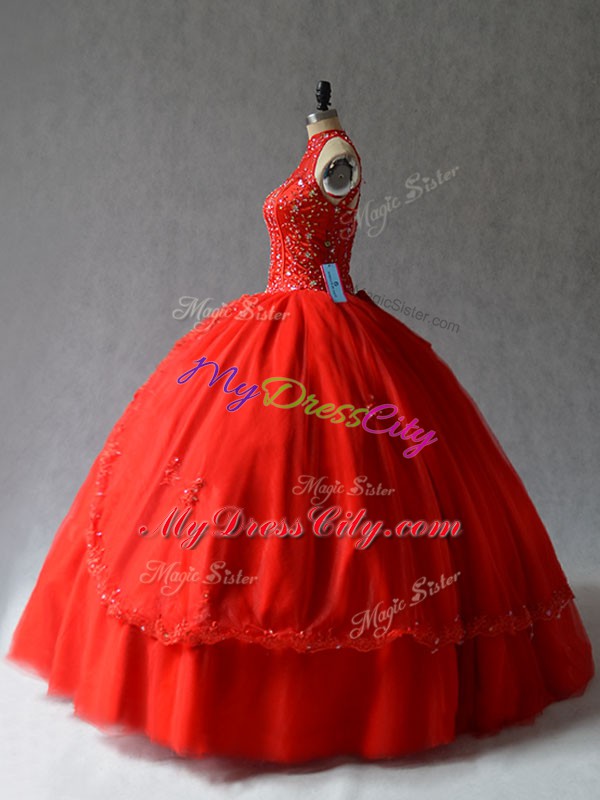 Romantic Red Lace Up Vestidos de Quinceanera Appliques Sleeveless Floor Length