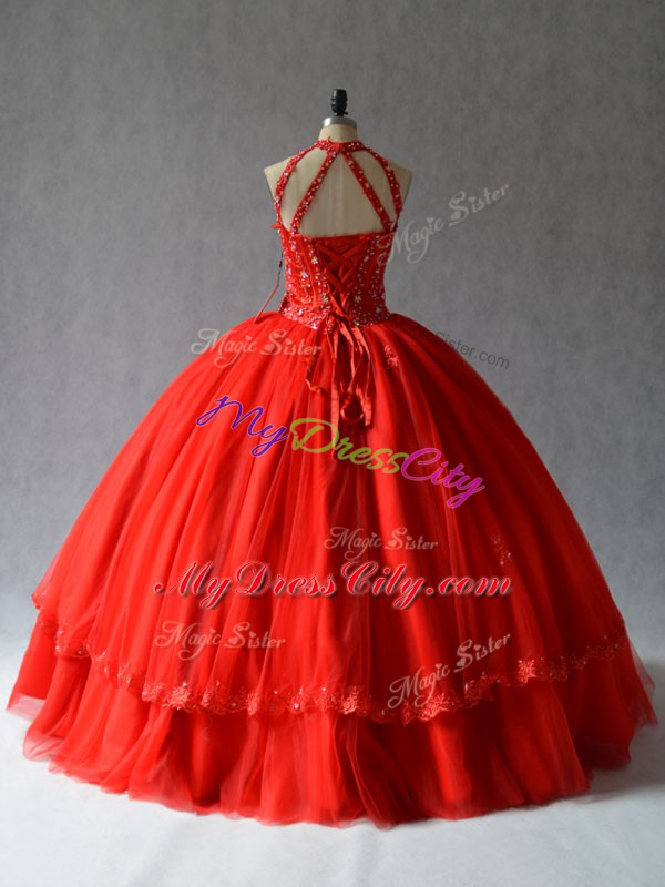 Romantic Red Lace Up Vestidos de Quinceanera Appliques Sleeveless Floor Length