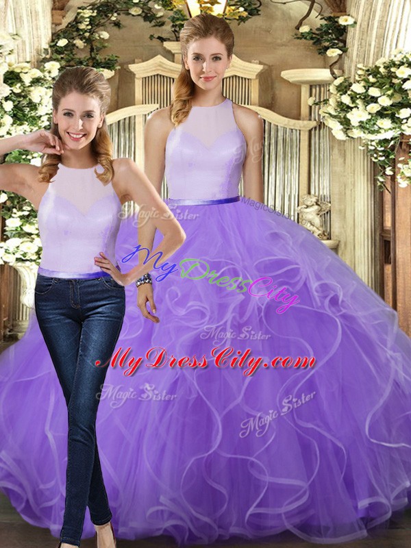 Latest Floor Length Two Pieces Sleeveless Lavender Sweet 16 Quinceanera Dress Backless