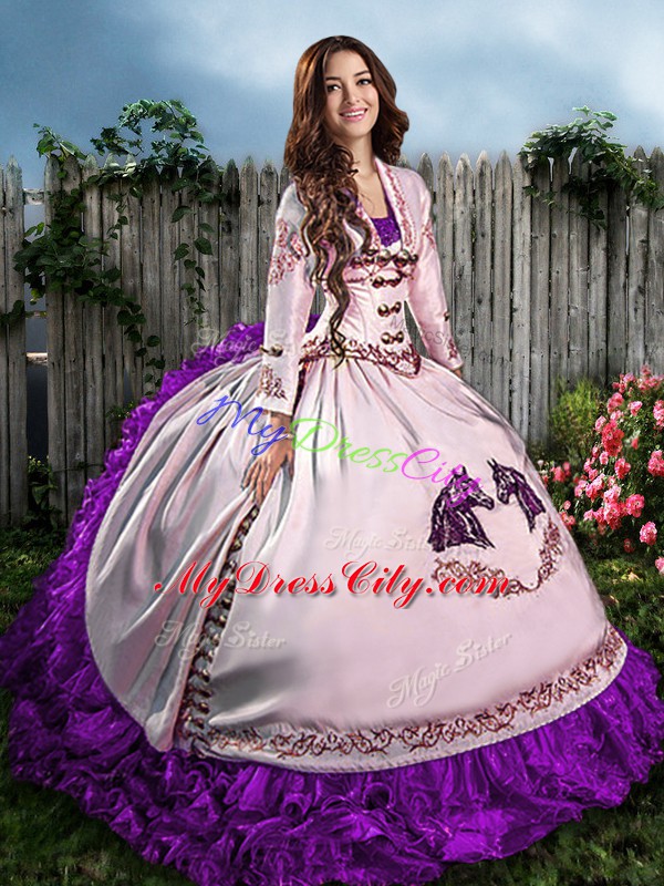 Purple Lace Up 15th Birthday Dress Embroidery and Ruffles Sleeveless Floor Length