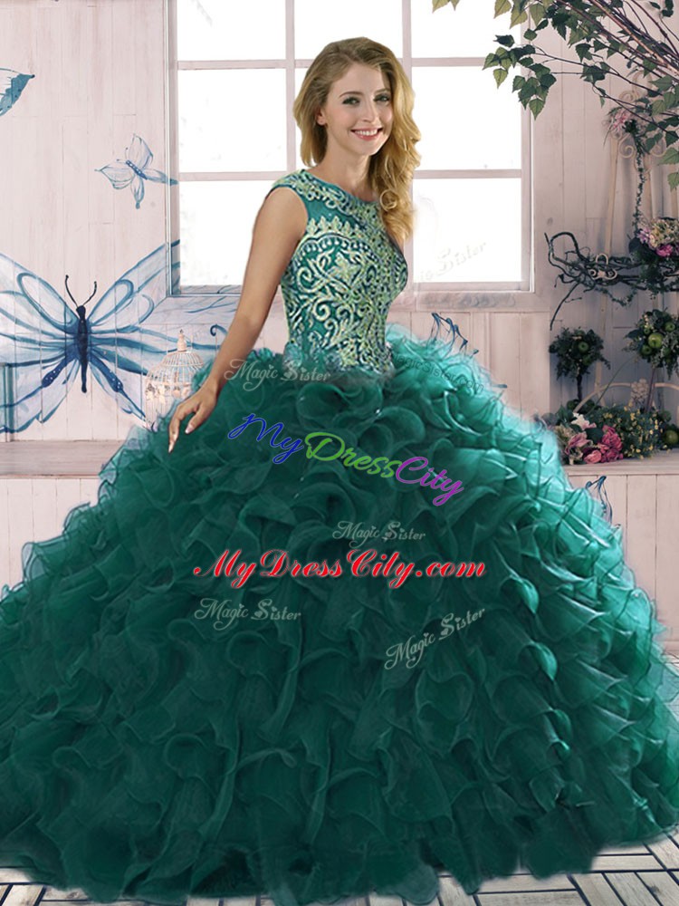 Peacock Green Sleeveless Beading and Ruffles Floor Length Sweet 16 Dress