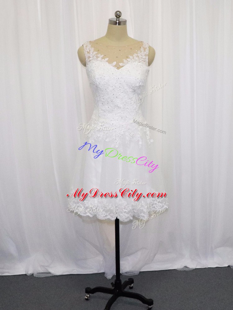 Suitable Sleeveless Tulle Mini Length Zipper Wedding Gown in White with Beading and Lace