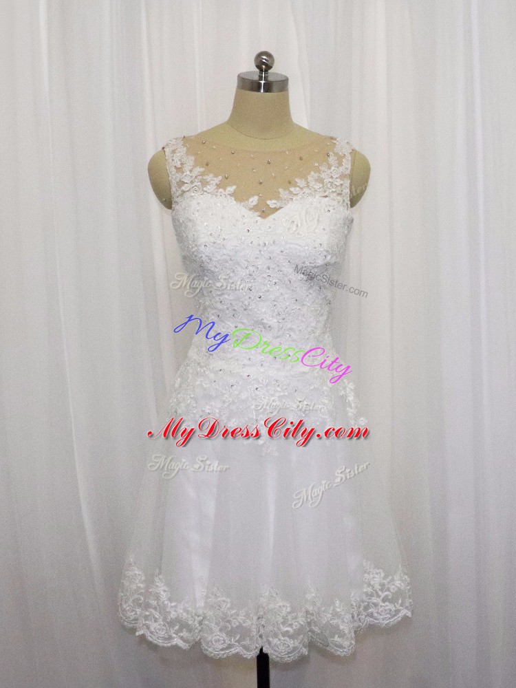 Suitable Sleeveless Tulle Mini Length Zipper Wedding Gown in White with Beading and Lace