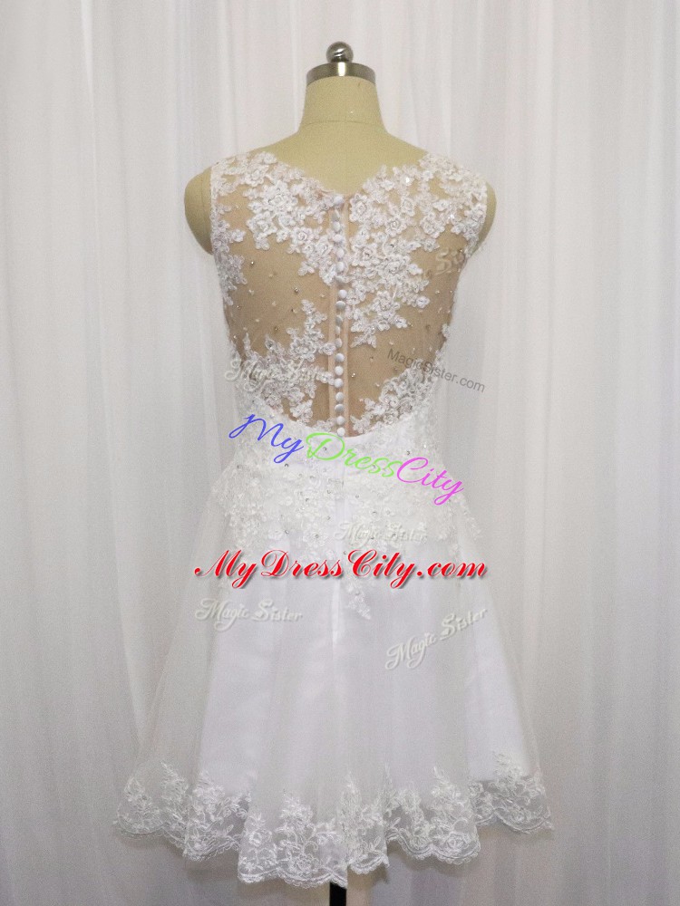 Suitable Sleeveless Tulle Mini Length Zipper Wedding Gown in White with Beading and Lace