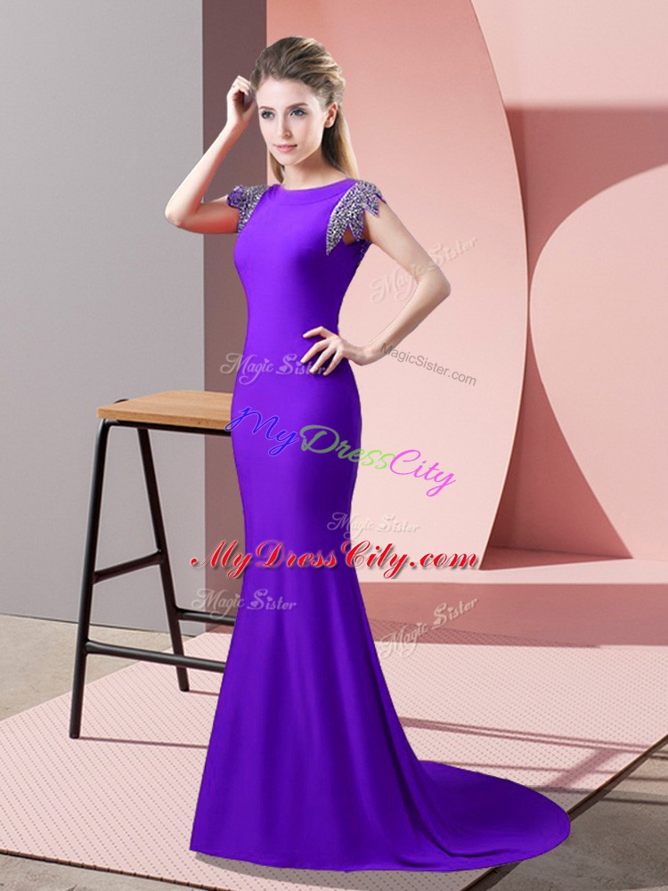 Lavender Mermaid Beading Prom Dress Backless Elastic Woven Satin Short Sleeves