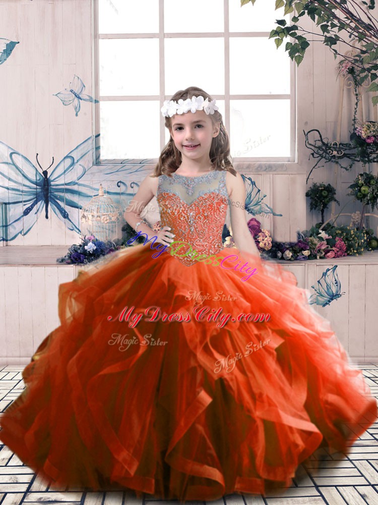 Beauteous Floor Length Rust Red Kids Pageant Dress Tulle Sleeveless Beading