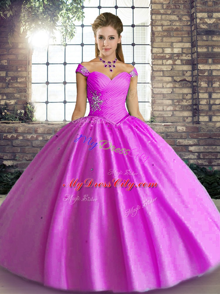 Off The Shoulder Sleeveless Lace Up Quinceanera Dress Lilac Tulle