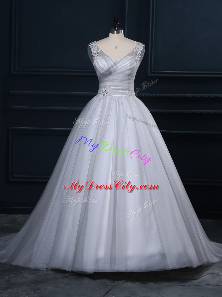 Glittering Grey V-neck Neckline Beading and Appliques Wedding Dress Sleeveless Lace Up