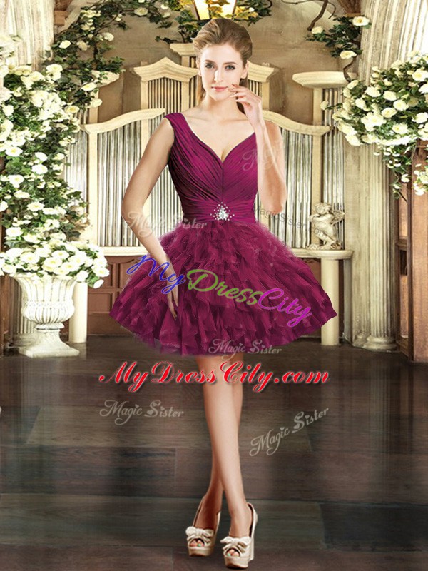 Deluxe Burgundy Ball Gowns Organza V-neck Sleeveless Beading and Ruffles Mini Length Backless