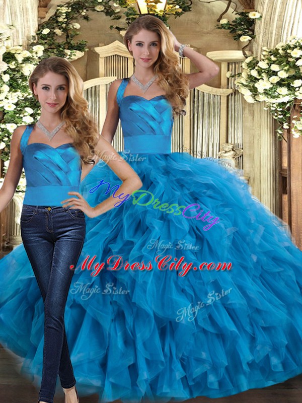 Blue Sleeveless Tulle Lace Up 15th Birthday Dress for Military Ball and Sweet 16 and Quinceanera