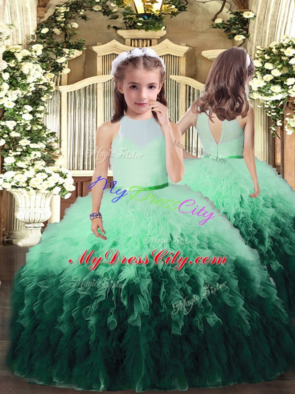 Custom Designed Sleeveless Tulle Floor Length Backless Little Girl Pageant Dress in Multi-color with Ruffles