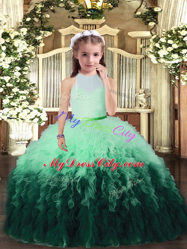 Custom Designed Sleeveless Tulle Floor Length Backless Little Girl Pageant Dress in Multi-color with Ruffles