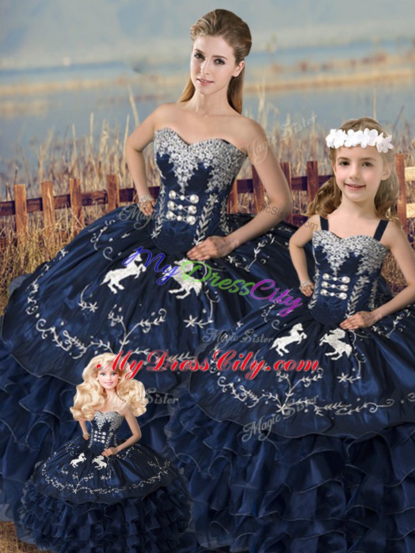 Cute Navy Blue Sweetheart Lace Up Embroidery and Ruffles Quinceanera Gown Sleeveless