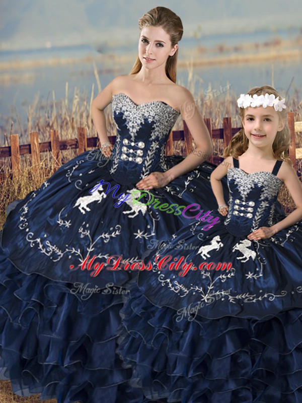 Cute Navy Blue Sweetheart Lace Up Embroidery and Ruffles Quinceanera Gown Sleeveless