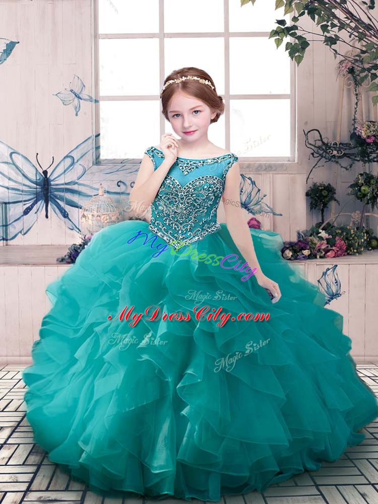 Simple Scoop Sleeveless Organza Custom Made Pageant Dress Beading and Ruffles Zipper