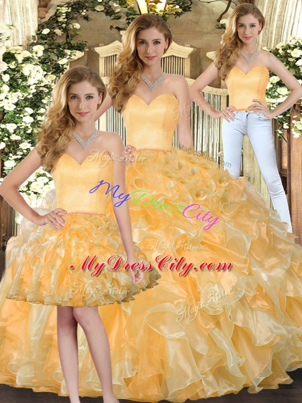 Beading and Ruffles Quinceanera Dress Gold Lace Up Sleeveless Floor Length