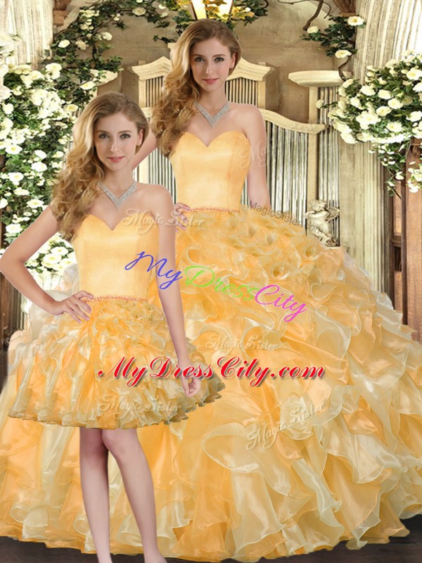 Beading and Ruffles Quinceanera Dress Gold Lace Up Sleeveless Floor Length